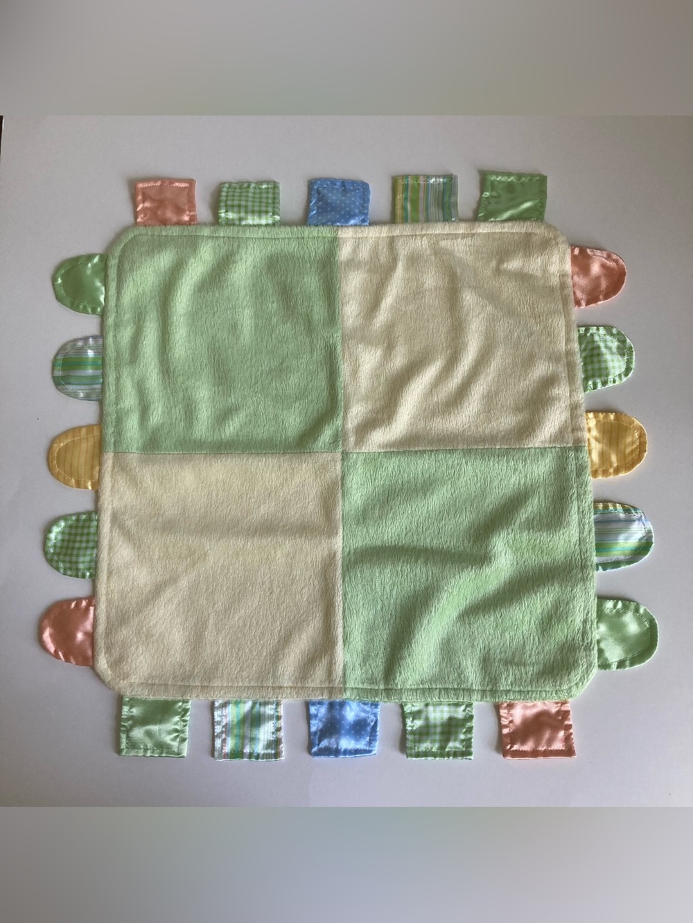 Carter's Patchwork Lovey Security Blanket Blocks Satin Tabs Yellow Green.